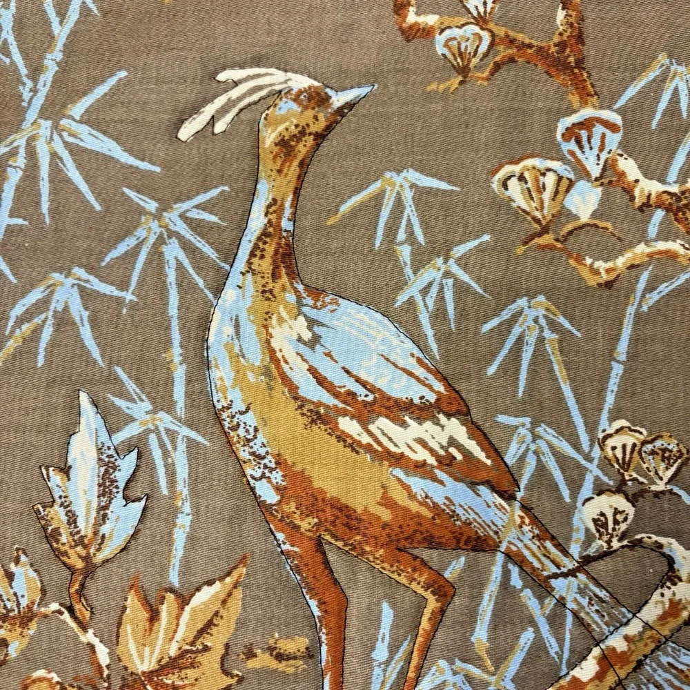 Vintage 70s Quilted Placemats Set of 7 Peacock Brown Asian Chinoiserie Fabric